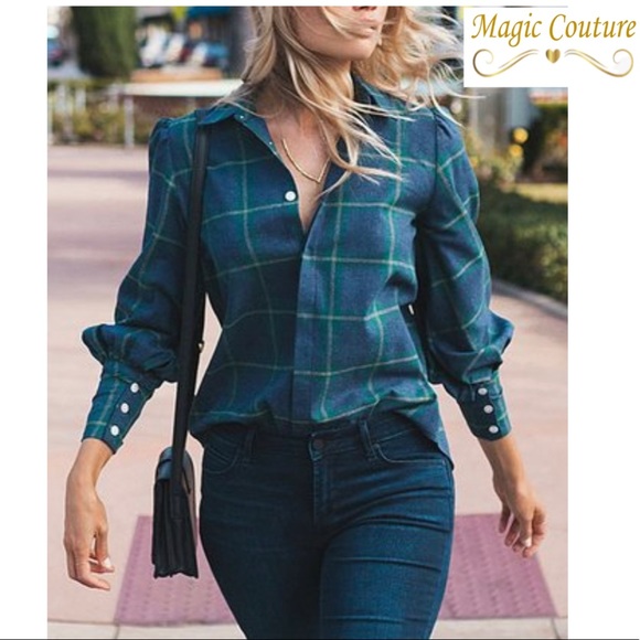 Amaryllis Navy Plaid Cuff-Sleeve Button-Up Shirt💙💚💙 - Picture 1 of 14